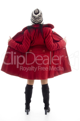 full body pose of american woman in overcoat