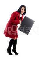 full body pose of young woman holding office bag