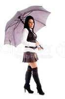 full body pose of young woman holding an umbrella