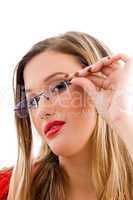 female model holding her spectacles