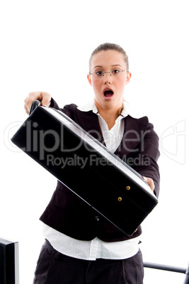 young attorney showing office bag with surprised