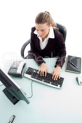 high angle view of woman working on computer