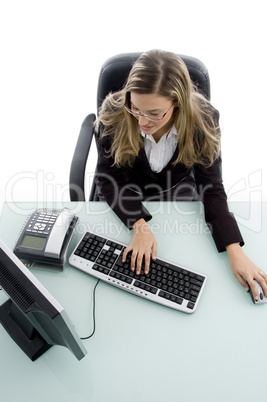 high angle view of woman working on computer