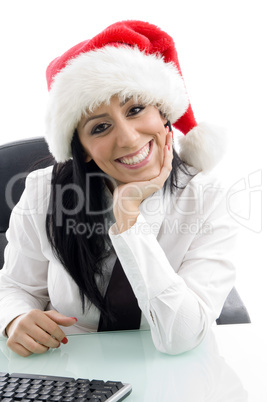 female wearing christmas hat