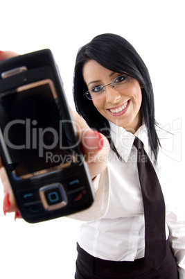 young businesswoman showing mobile