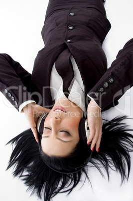 high angle view of businesswoman wearing headphone