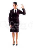 young businesswoman showing counting hand gesture