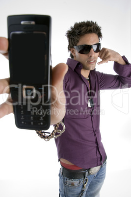 white man showing cell phone