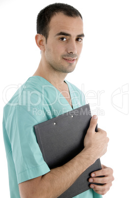 side pose of doctor with writing pad