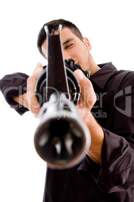 professional man targeting someone with gun
