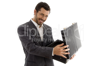 successful attorney smiling and opening his bag