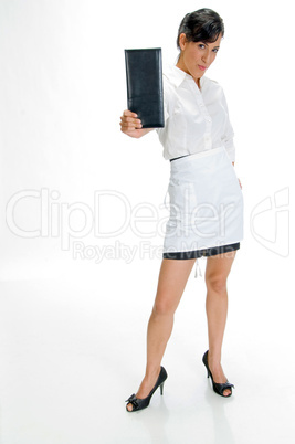 beautiful waitress standing and showing order book