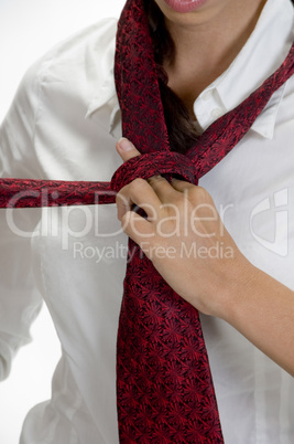 young pretty woman tying her tie