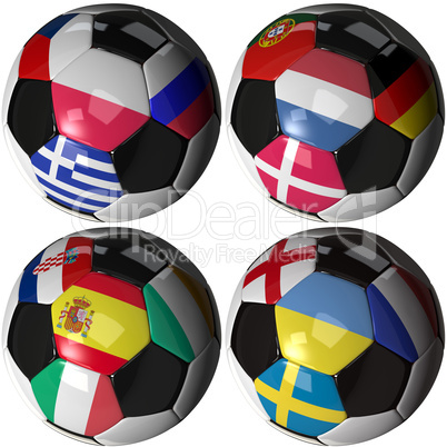 Freigestellte Fußbälle mit den Flaggen der Rivalen der Europameisterschaft - Isolated soccer ball with flags of sixteen European nations