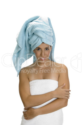 lady in towel and looking at camera