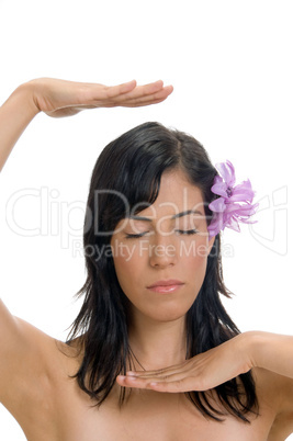 female with flower showing hand gesture