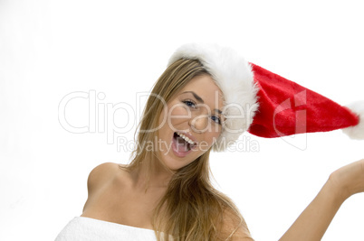 posing smiling model with santa cap