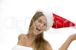 posing smiling model with santa cap