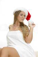 posing smiling woman with santa cap and towel