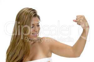 posing strong blonde lady