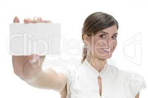 smiling lady showing visiting card