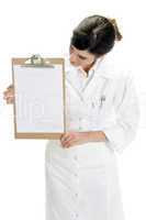 lady doctor looking paper in writing board