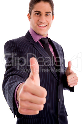 side view of smiling executive with thumbsup