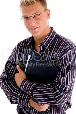 portrait young businessman with official files