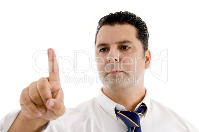 caucasian man looking his finger