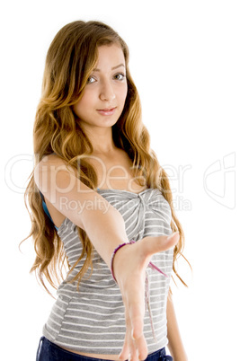 caucasian girl offering handshake