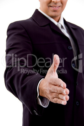 side view of smiling businessman offering hand shake