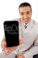 top view of businessman offering cell phone