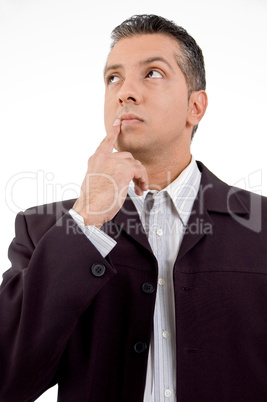 front view of thinking adult businessman looking aside