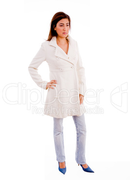 side pose of standing model wearing overcoat