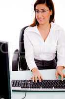 front view of woman working on computer