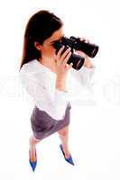 top view of businesswoman looking through binocular