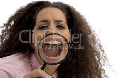 young corporate woman with magnified mouth