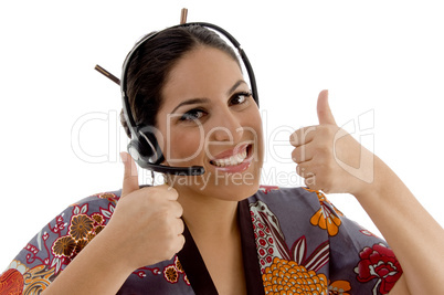 call center woman showing both thumbs up