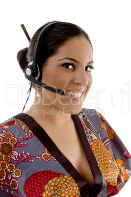 chinese call center female talking on microphone