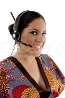 chinese call center female talking on microphone