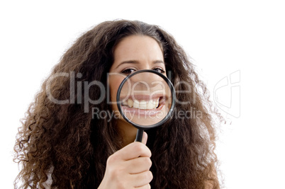 funny woman showing her magnified teeth