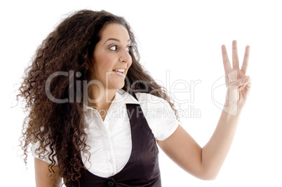 beautiful woman counting three number with fingers
