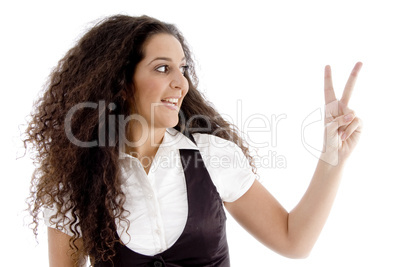 fashionable woman showing peace sign