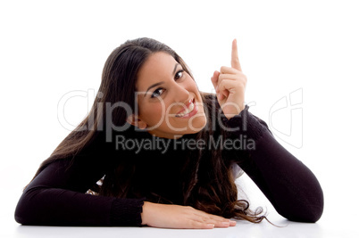 pointing female looking at camera pointing female looking at camera