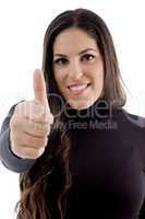smiling model with thumbs up
