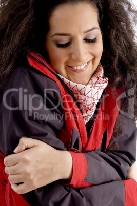 close up of young woman wearing jacket