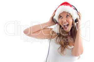model with christmas hat and headphone