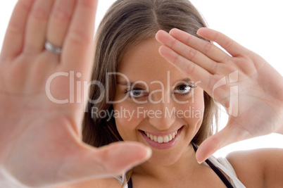 cheerful model showing her palms