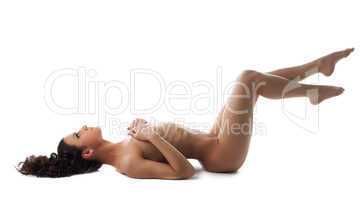 Beautiful Young nude woman lay on white Isolated
