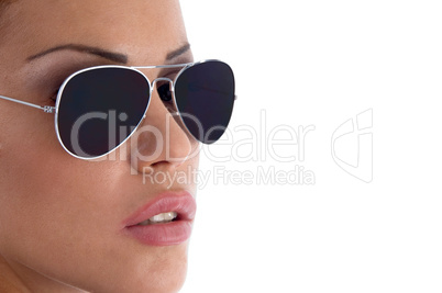 close view of model wearing sunglasses